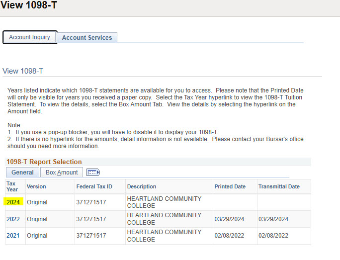 1098-T Report Selection with 2024 highlighted