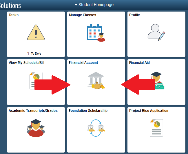 Student Center Screen Shot with Financial Account Tile highlighted in the center
